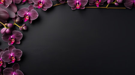 violet orchid flowers stand out against a dark background, creating a minimalist aesthetic. the chalk art style enhances the contrast between the light red and dark black hues. the image features decorative borders, making it suitable for commercial use. its luxurious appearance makes it perfect for wall hangings, while the photorealistic rendering adds a touch of realism. ai generatedの素材