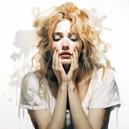 a woman's face, captured in a realistic portrait style, is the focal point of this piece. the artist has incorporated drips and splatters, adding a touch of romantic illustrations to the composition. the light, white, and amber tones create a washed-out effect, enhancing the pensive poses and emotional sensitivity portrayed in the artwork. ai generatedの素材
