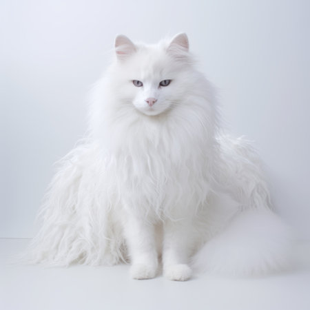 white cat with a fluffy tail photographed on a white background. this stock photo (175791970) captures the essence of the style of renowned photographers peter coulson, daan roosegaarde, and petra cortright. the image is taken using the tamron sp 70-200mm f/2.8 di vc usd g2 lens on a nikon d850 camera. the cat's white and magenta fur adds a unique touch, while the overall compositionの素材