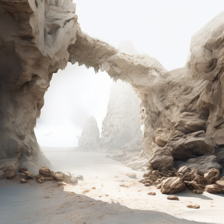 baux cave, a mesmerizing digital illustration for a game, showcases en plein air beach scenes with a misty atmosphere. the artwork is created in a white and beige style, featuring organic sculpting and matte photography. immerse yourself in the captivating colorscapes of this stunning piece. ai generatedの素材