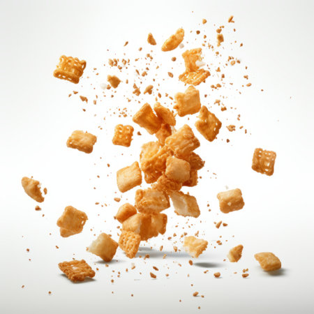 a photo showcasing a set of snack icons, including cereal crumble and box icons. rendered in cinema4d, the icons have a disintegrated and abstract style with jump cuts and gridded compositions. the photo, taken with provia, features tightly cropped compositions with a light amber and white color scheme. ai generatedの素材