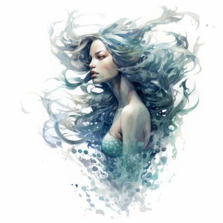 a watercolor abstract art piece of a woman, featuring realistic fantasy artwork with light white and dark aquamarine tones. this romantic illustration showcases futuristic chromatic waves, reminiscent of zbrush techniques. the painting captures the essence of realistic marine paintings, while also evoking an urban fairy tale vibe. ai generatedの素材