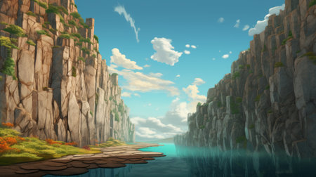 a breathtaking 32k uhd image captures a serene waterfall nestled in a majestic mountain landscape. this digital fantasy artwork by evgeni gordiets showcases calm seas and skies, with a flat perspective that adds depth to the scene. the passage to this coastal landscape invites viewers to immerse themselves in its beauty. ai generatedの素材