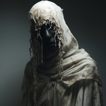 a man in a white costume stands on the dark side, resembling filthy sculptures. the image showcases dark, muted colors and evokes a sense of drama and somberness reminiscent of religious works. the man is slumped and draped, with detailed facial features and a realistic costume that adds to the overall level of detail in the photograph. ai generatedの素材