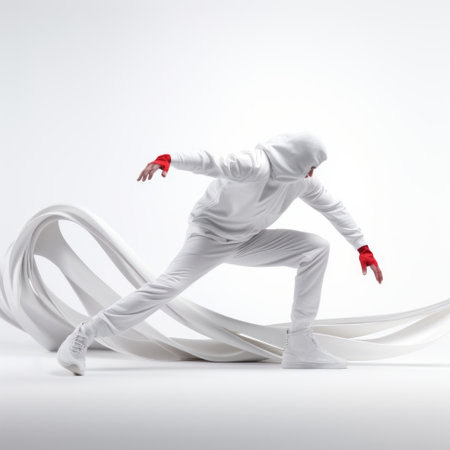 white silhouette of a dancer, showcasing a futuristic and edgy style. created using zbrush, the image features a combination of light gray and red tones. the aesthetics draw inspiration from hip hop culture, with flowing fabrics adding movement to the composition. captured with provia, the photo embraces a reductionist form. ai generatedの素材