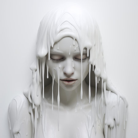 the photo showcases a hyper-realistic sculpture of a woman's head, with her face covered in melted white ice. the paint dripping technique adds a unique touch to the sculpture, creating a dollcore aesthetic. the slumped and draped appearance, along with the water drops, give a soggy effect. the juxtaposition of hard and soft lines adds an intriguing element to the overall composition. ai generatedの素材
