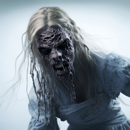 a woman with white makeup stands in front of a white backdrop, embodying the eerie aesthetic of zombiecore. this captivating image, reminiscent of the work of phil koch, showcases the use of natural fibers in the costume. the tabletop photography technique beautifully captures the twisted characters in a dark, white, and blue color palette. ai generatedの素材