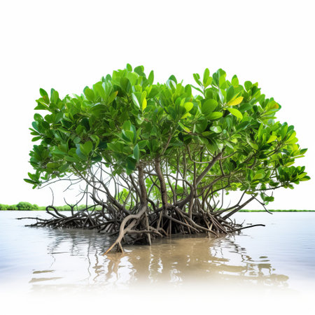 mangrove trees with roots standing on the water, captured in a white background style by wlad safronow. this associated press photo showcases the exotic beauty of these trees while raising ethical concerns related to their preservation. havencore and tumblewave are also associated with this captivating image. ai generatedの素材