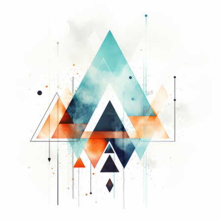 a graphic art print featuring triangle geometrics on a white background, inspired by the style of ross tran. the print showcases a combination of light turquoise and dark orange colors, with detailed background elements. the composition is symmetric, incorporating watercolor illustrations. the artwork evokes an eerie symbolism through the use of transparency and opacity. ai generatedの素材