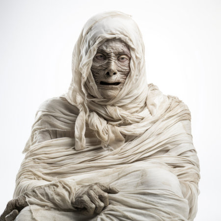 a statue of a person, draped in a white cloth, stands in a studio portrait style. this ghoulpunk-inspired post-apocalyptic sculpture evokes the essence of ancient egypt. captured against a white background, this national geographic-worthy photo showcases the intricate details of the statue. shot with the sony fe 85mm f/1.4 gm lens, every nuance is brought to life. ai generatedの素材