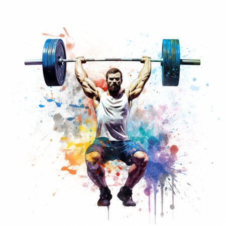 a man lifting a barbell against a vibrant colored paint splatter background, resembling a realistic watercolor painting. the illustration showcases a blend of transparency and opacity, with vibrant color blocks reminiscent of peter paul rubens' style. the image highlights the integration of the human form with the canvas, creating a visually striking composition. ai generatedの素材