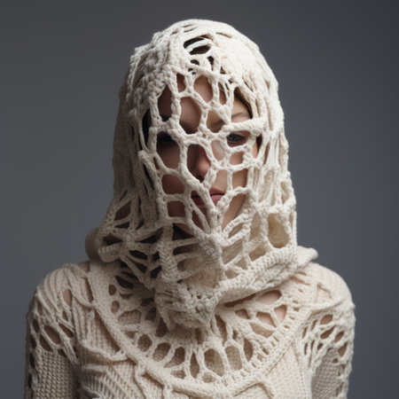 a woman is seen in a photograph wearing an ethereal biomorphic knitted crocheted hooded outfit. the outfit showcases intricate cut-outs and ivory tones, while the focus is on the joints and connections. the artwork depicts trapped emotions through algorithmic artistry, with a touch of naturalistic portraiture. ai generatedの素材