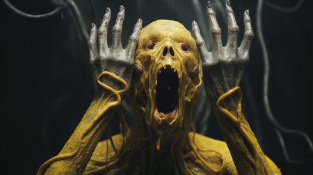 yellow old creature in shock - hyper-realistic sci-fi photo by alessio albi and andrew ferez. this captivating image features a yellow old creature with hands on top of its head, expressing shock and emotion. created using the bold and dynamic lines of bryce 3d, the photo has a hyper-realistic sci-fi style with minimal retouching. the grainy and tenebrous atmosphere adds to its captivating appeal. aiの素材
