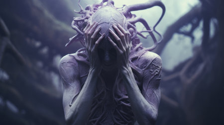 the photo features a lavender old creature in shock, with hands on top of its head. the image is in the style of hyper-realistic sci-fi, created by alessio albi using bryce 3d software. the photo has minimal retouching, giving it a grainy and tenebrous appearance. the bold and dynamic lines add to the overall impact of the image. andrew ferez is also associated with thisの素材