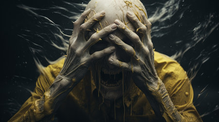 yellow old creature in shock: a hyper-realistic sci-fi image by alessio albi and bryce 3d. the white text complements the minimal retouching, grainy texture, and tenebrous atmosphere. the bold and dynamic lines enhance the emotion as the creature's hands rest on top of its head. andrew ferez's style shines through, creating a visually striking and captivating composition. ai generatedの素材