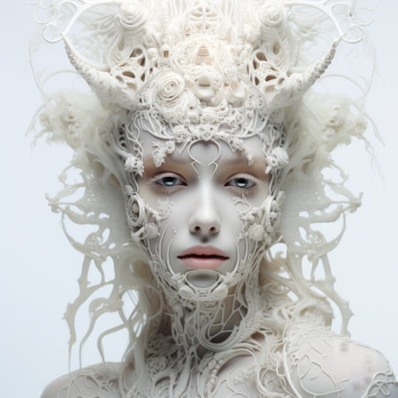 a white-based art piece showcasing mysterious beauty with intricate details. the fantasy-inspired style highlights detailed facial features and intricately sculpted costumes. this bio-art creation exudes a subtle luminosity, captivating viewers with its intricate craftsmanship and enchanting allure. ai generatedの素材
