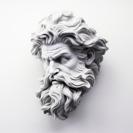 grey clay sculpture of the famous hero of ancient greek mythology, featuring conceptual digital art elements inspired by leonardo da vinci. the sculpture showcases caricature faces reminiscent of james bullough and sebastian errazuriz, with flowing textures that resemble the movement of a reefwave. ai generatedの素材