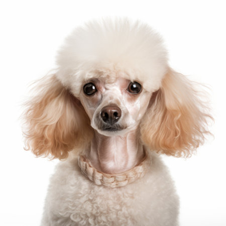 a cute poodle dog with long hair, captured in the style of patrick demarchelier, showcases a delightful combination of light pink and light beige fur. this august sander-inspired photograph beautifully captures the dog's lively facial expressions. the image, reminiscent of guo pei's work, highlights the play of opacity and translucency. ai generatedの素材