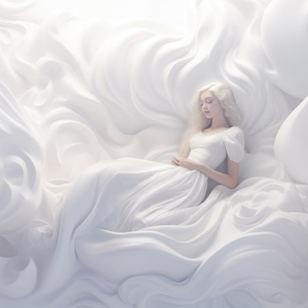 a girl in a white dress stands gracefully in front of a white cloud, captured in the mesmerizing style of zbrush. the flowing fabrics create a polished metamorphosis, evoking a calming and romantic atmosphere. this uhd image showcases the girl's slumped-draped pose, reminiscent of enchanting and dreamlike illustrations. ai generatedの素材