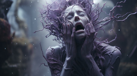 the photo features a lavender old creature in shock, with hands on top of its head. the image is in the style of hyper-realistic sci-fi, created by alessio albi using bryce 3d software. the photo has minimal retouching, giving it a grainy and tenebrous appearance. the bold and dynamic lines add to the overall impact of the image, created by andrew ferez. ai generatedの素材