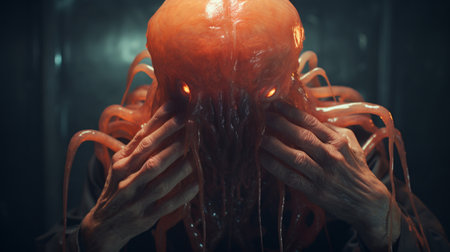 an orange old creature in shock, with hands on top of its head, is depicted in this hyper-realistic sci-fi style photo by alessio albi. the white text adds to the dramatic effect. created using bryce 3d software, the image features minimal retouching and has a grainy, tenebrous appearance. the bold and dynamic lines enhance the overall impact of the composition. andrew ferez's influence is evidentの素材