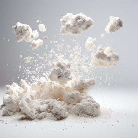 white powder and powder cloud fill the air against a grey background, resembling deconstructed objects. this captivating image, created by matthias haker using cinema4d and ceramic materials, captures a dynamic and action-packed scene. associated press photographer maya lin skillfully captures the intensity and movement in this visually striking photo. ai generatedの素材