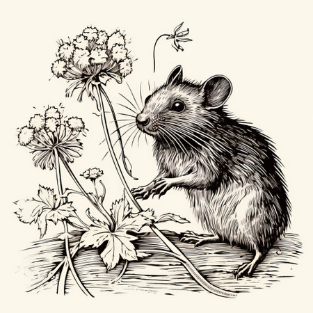 antique woodcut engraving of a rat surrounded by dandelions. this dark academia vintage halloween outline clipart features a black and white scientific illustration with a simple, clean design. the white background enhances the dark academia stylized effect. the isolated, isometric view adds a vintage victorian style to this monochrome linocut engraving line art. the high contrast outline print has no shading, creating a striking blackの素材
