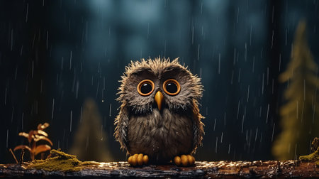 an adorable owl in the rain, featuring surrealistic elements and a cute cartoonish design. this photo, captured by ben wooten, showcases a tender depiction of nature with its dark colors. with 8k resolution and photo-realistic techniques, this image brings the owl's charm to life in a captivating way. ai generatedの素材