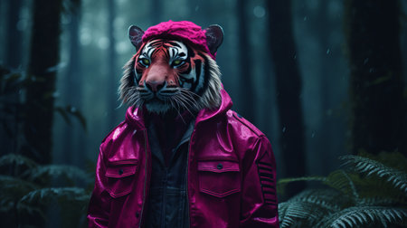 a man dressed as a tiger stands out in an old sleeved jacket and pink shirt, creating a striking visual through digital manipulation. the dark pink and red tones add to the intensity of the image. this photorealistic still life, captured by anton fadeev, combines elements of wilderness and rap aesthetics, resulting in a high-definition image. ai generatedの素材
