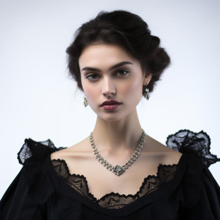 a young woman is captured in a candid portraiture wearing a stunning evening dress adorned with lace and pearls. the dress, reminiscent of historical fiction, adds an air of elegance to her appearance. the photograph, taken by alexis gritchenko, showcases the intricate details of the dress in 32k uhd resolution. the dark brown and black color scheme adds depth and sophistication to the overall composition.の素材