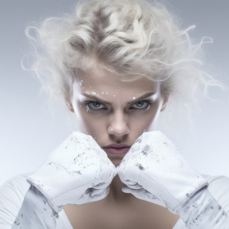 a young woman, wearing white gloves, holds a boxing punch shot in this surreal fashion photography. the image is characterized by a combination of light white and light silver tones, enhanced through digital airbrushing. her expressive eyes and frozen movement create a captivating gaze, while the addition of glitter adds an extra touch of allure. ai generatedの素材