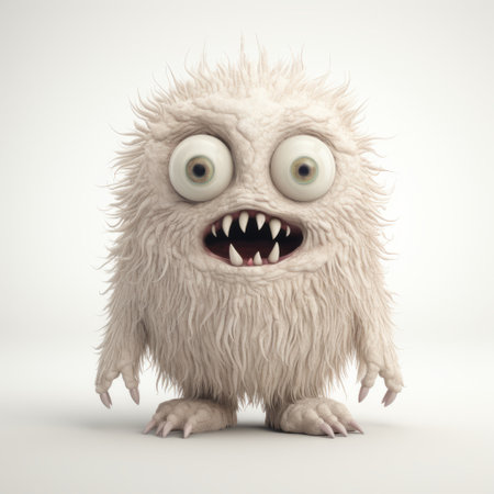 a 3d white cartoon monster with yellow eyes is depicted on a white background. this artwork, inspired by the style of caras ionut and skottie young, showcases a unique blend of muted colorscape mastery and monochromatic intensity. the spiky mounds and thick texture add depth and character to the image. created using the zeiss batis 18mm f28 lens. ai generatedの素材