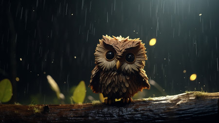 an owl perched on a branch, rain falling outside. this photo showcases a cute, cartoonish design with photo-realistic techniques. the dark brown color adds to its powerful symbolism. a nature-inspired piece created in the style of vray tracing. ai generatedの素材
