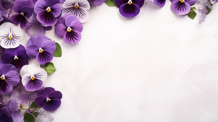 purple pansies arranged in a frame rest delicately on a smooth marble surface. this minimalist background showcases the vibrant color gradient of the flowers, creating an extravagant table setting. valentin rekunenko's lighthearted touch is evident in this captivating image, perfect for websites and other creative projects. ai generatedの素材
