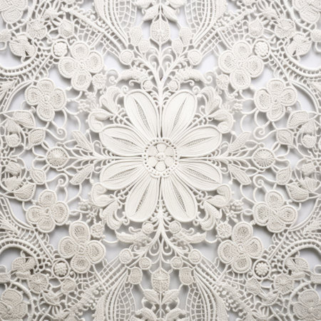 a white lace piece is displayed on the wall, showcasing intricate floral patterns. this high-detailed, sculptural paper construction is inspired by the american studio craft movement. its eye-catching detail and allover composition make it a captivating addition to any space. ai generatedの素材