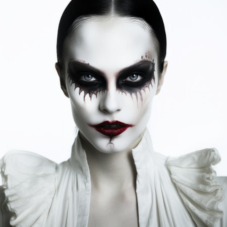 a woman in black makeup wearing a dark, white, and gray costume with a sabattier effect. her attire combines dark white and dark crimson elements, reflecting the clowncore aesthetic. the overall look is dark, menacing, and graphic, with symmetrical patterns adding to the sombre atmosphere. ai generatedの素材