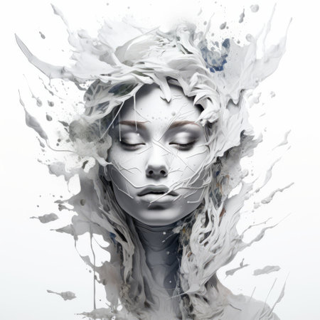 the girl in the photo is adorned with oil and water drops, showcasing a captivating digital surrealism style. the monochromatic palette of white and gray adds to the striking effect. the image draws inspiration from the naturalistic bird portraits of alberto seveso and the serene faces depicted in the works of franciszek starowieyski. the overall composition is rendered using cinema4d. ai generatedの素材