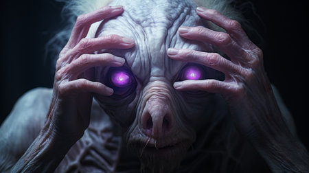 the photo features a purple old creature in shock, with hands on top of its head. the image is accompanied by white text and is created in the hyper-realistic sci-fi style. the photo is a combination of techniques by alessio albi and bryce 3d, with minimal retouching. it has a grainy and tenebrous appearance, characterized by bold and dynamic lines, similar to the work ofの素材