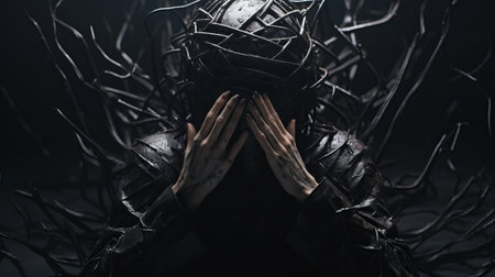 a dark and creepy portrait featuring a skull surrounded by dark flora and fauna. the photo showcases a cinematic composition with sculptural costumes and surreal fashion photography elements. the tangled nests and metal compositions add to the contemporary take on medieval art, while the dramatic atmospheric perspective enhances the overall atmosphere. ai generatedの素材