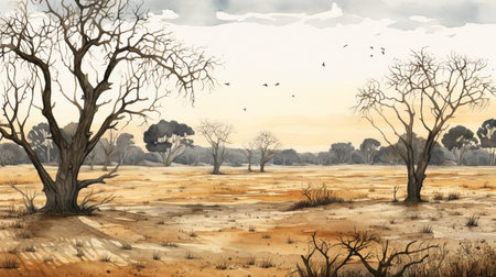 a watercolor painting depicting an arid area in australia, inspired by post-apocalyptic backdrops and the art of the ivory coast. the artwork showcases life-like avian illustrations against a backdrop of light gray and dark gold hues. with its high-contrast shading and lush landscape backgrounds, this 8k resolution piece captures the essence of the unique and captivating scenery. ai generatedの素材