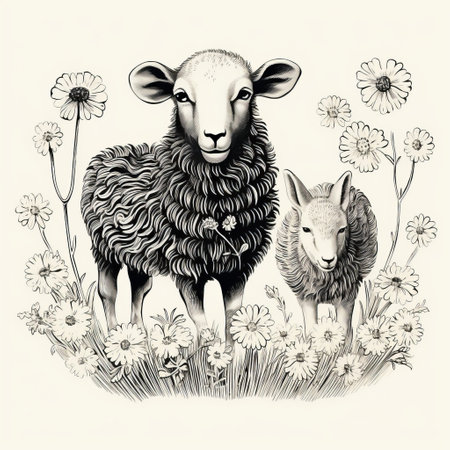 an antique woodcut engraving featuring sheep and dandelions. this dark academia vintage halloween outline clipart is a black and white scientific illustration with a simple, clean design. the white background enhances the dark academia stylized effect. the isolated, isometric view adds to its vintage victorian style. this monochrome linocut engraving line art has high contrast outline print with no shading, making it a striking blackの素材