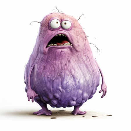 cute white alien bug of the day illustration featuring an aggressive digital style. the bug is depicted in shades of purple and aquamarine, with a soggy and realistic rendering. the humorous caricature captures intense movement expression. ai generatedの素材