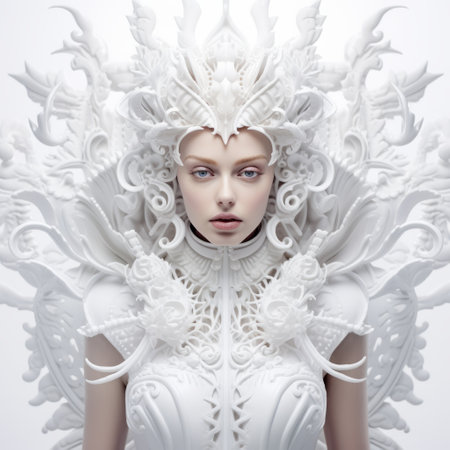 a white woman wearing an ornamental costume and futuristic helmet, showcasing the avant-garde style of iris van herpen. the intricate embellishments and monochromatic symmetry create a visually striking aesthetic. the soft-focus portraits capture the essence of the subject, reminiscent of the works of serge marshennikov and anna dittmann. ai generatedの素材