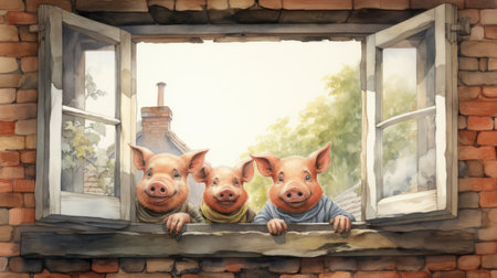 the pigs, in the style of watercolor illustrations by the brothers hildebrandt, are captured in this high detailed and expressive uhd image. with their expressive characters, they look out from the window, showcasing the talent of the english school artist, howardena pindell. ai generatedの素材