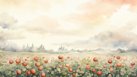a watercolor poppies illustration on watercolor paper, in the style of surreal and dreamlike landscapes. this istock image (03957,018) features a soft atmospheric perspective with light red and beige hues. inspired by traditional japanese art, it depicts rural landscapes and nature-inspired emotive fields of color. ai generatedの素材