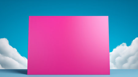 a pink paper stands out against a vibrant blue sky adorned with fluffy clouds. this visually striking image showcases bold color blocks in turquoise and magenta, creating captivating gradients. with an impressive 8k resolution, the photo evokes a sense of windows vista nostalgia, featuring bold colorful lines and rectangular fields. ai generatedの素材