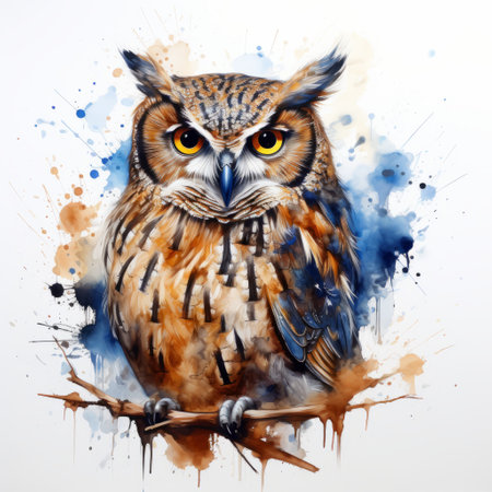 large colorful owl with a spatter background, resembling a realistic portrait painter's style. the owl features a combination of light brown and dark amber hues, depicted through expressive watercolors. the background consists of light white and dark blue tones, creating a spray painted realism effect. this charming character illustration is captured in high definition. ai generatedの素材