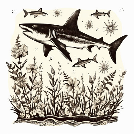 antique woodcut engraving of a shark and dandelions. this dark academia vintage halloween outline clipart features a black and white scientific illustration. it showcases entomology and line art, with a simple clean design on a white background. the dark academia stylized image is isolated and presented in an isometric view. it has a vintage victorian style, resembling a monochrome linocut engraving with high contrast outlineの素材