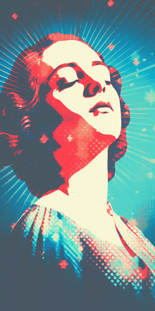 a minimalist portrait of a sunbathing starlet from the 1810s, featuring a faded orthonormal coordinate system of 8-bit dots and colors. the surrealism is enhanced by the vanished light lithography background and light halftone dots. the artwork creates an ever-moving anaglyphic kaleidoscopic aesthetic, showcasing a minimal psychedelic art style. ai generatedの素材