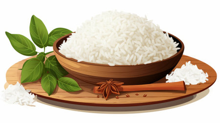 a bowl of rice and spices, captured in a highly detailed illustration style, showcases clear edge definition. the naturecore theme is enhanced by the white and beige color palette. the photo is developed using the caffenol method and features the artistic touch of sudersan pattnaik. rtx technology adds depth and realism to the image. ai generatedの素材